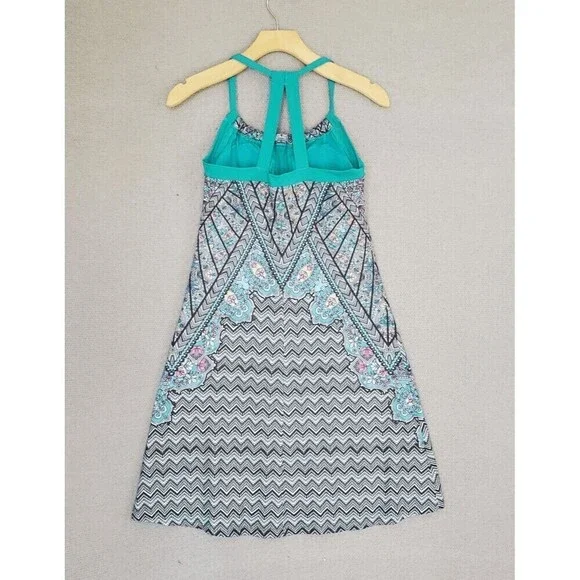 PrAna Women's Knit Quinn Dress Built In Bra Geometric Turquoise Small S - Picture 2 of 7